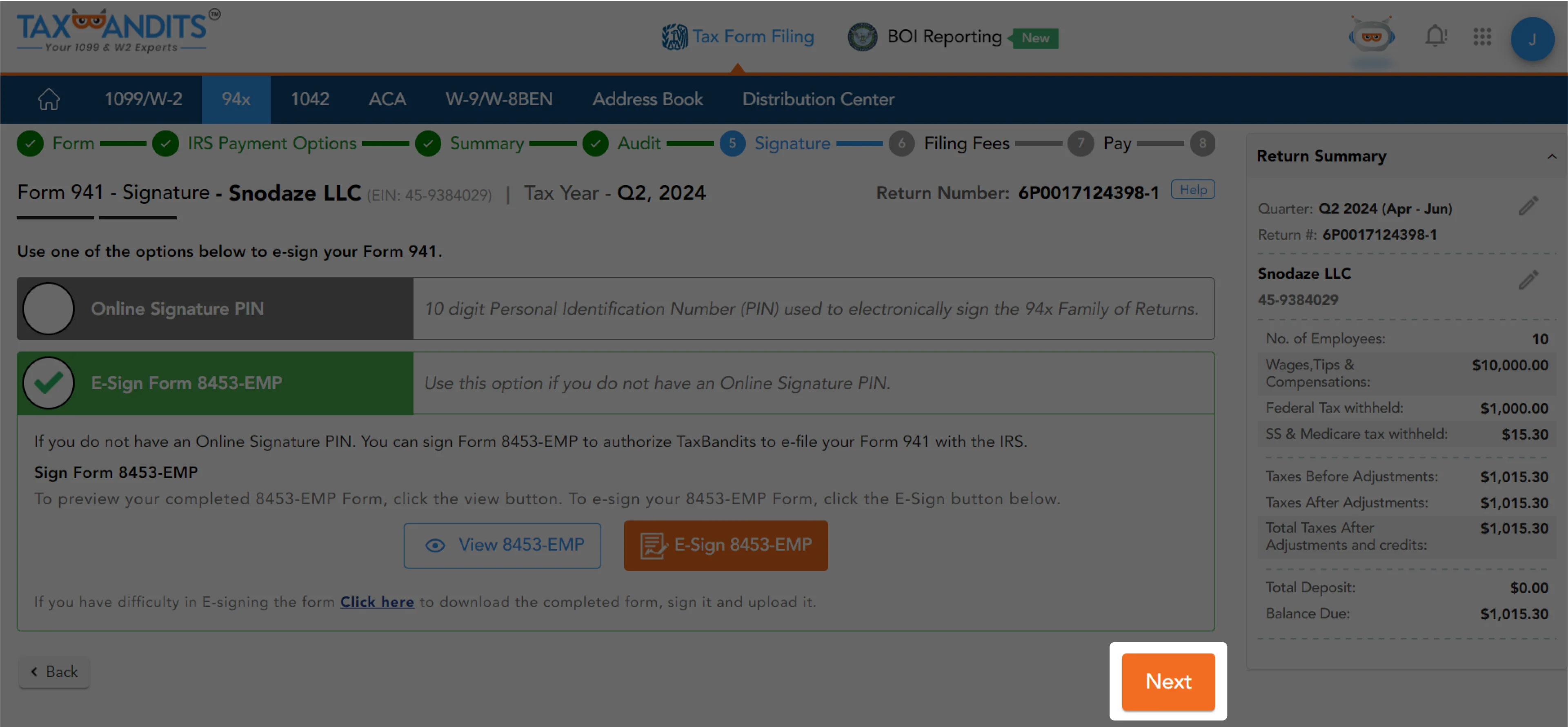Sign Form using E-Sign 8453-EMP and click Next